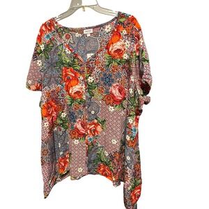 Avenue Plus Size 26 28 Tropical Floral Print V Neck Tunic Top Blouse